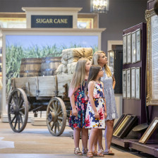 Visiteurs regardant des panneaux d’exposition au Great River Road Museum de Darrow, Louisiane